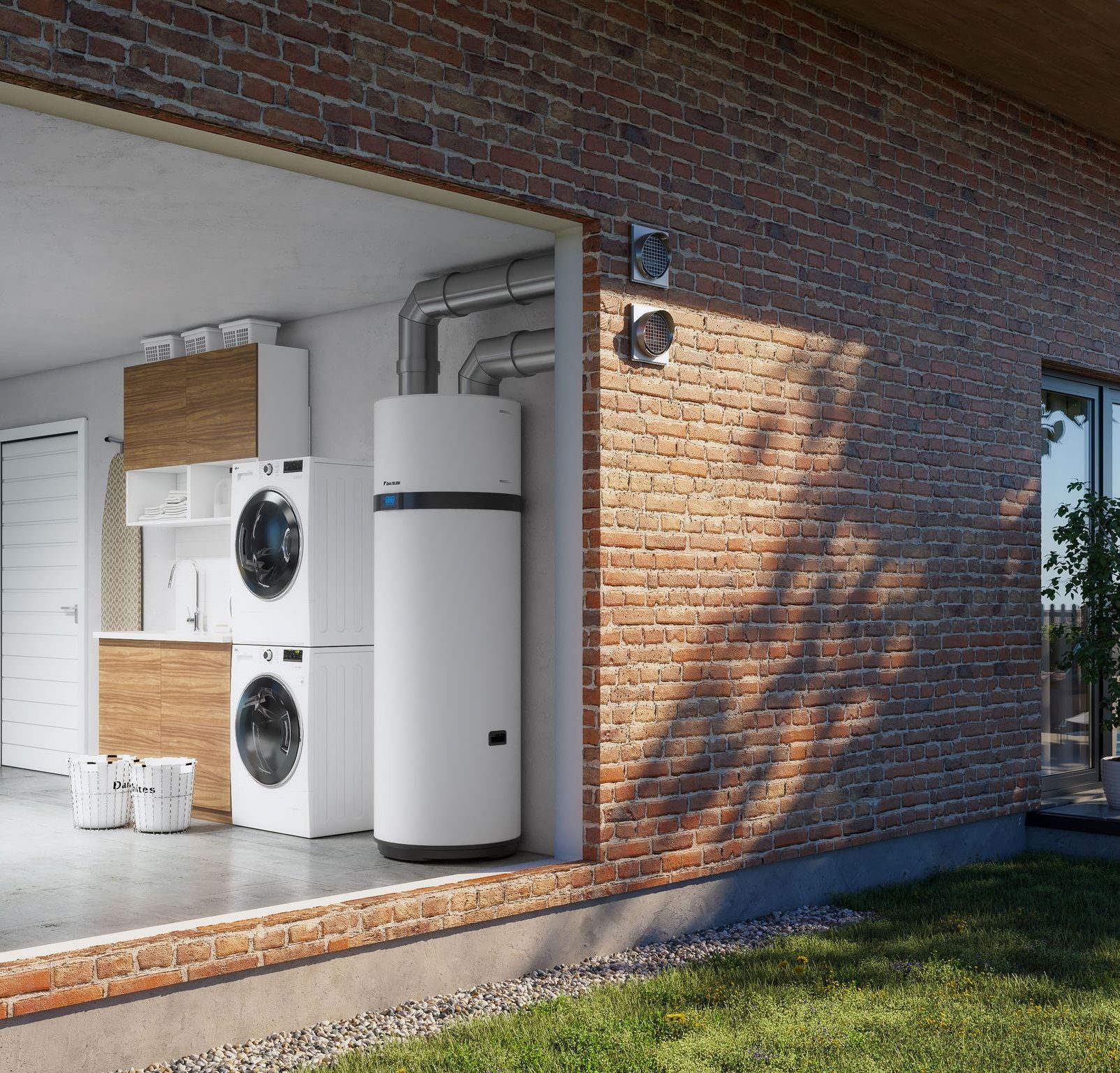 Sistema de aerotermia instalado en una vivienda, proporcionando calefacción, refrigeración y agua caliente sanitaria de manera eficiente y sostenible.